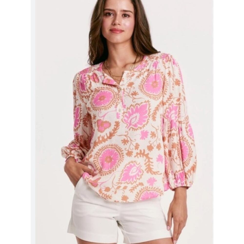 Another Love Pink Floral Granada Top Blouse XS Boho Chic Preppy Coastal Resort